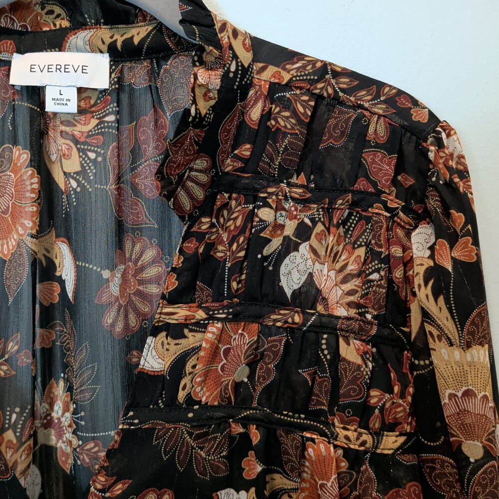 Evereve Women's Sz L Jaci Black Floral Gathered Sheer Blouse Button Up Metallic - Picture 2 of 7